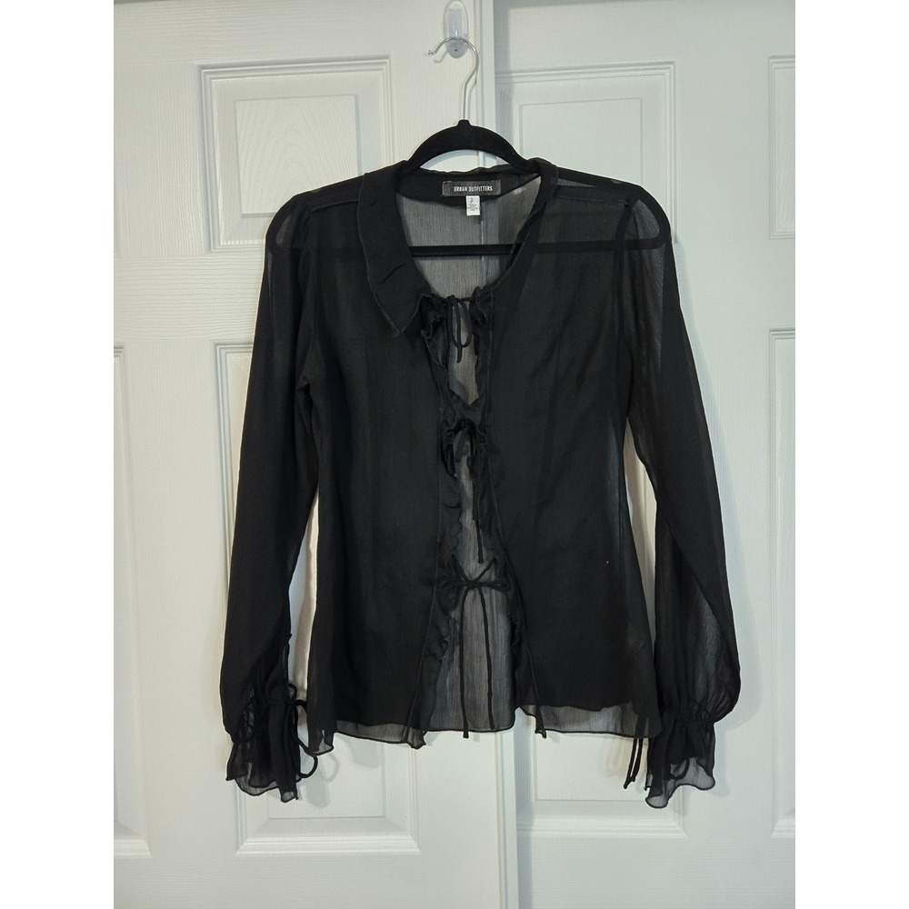 Urban Outfitters Black Sheer Ruffle Tie Front Blouse Small Long Sleeve Top